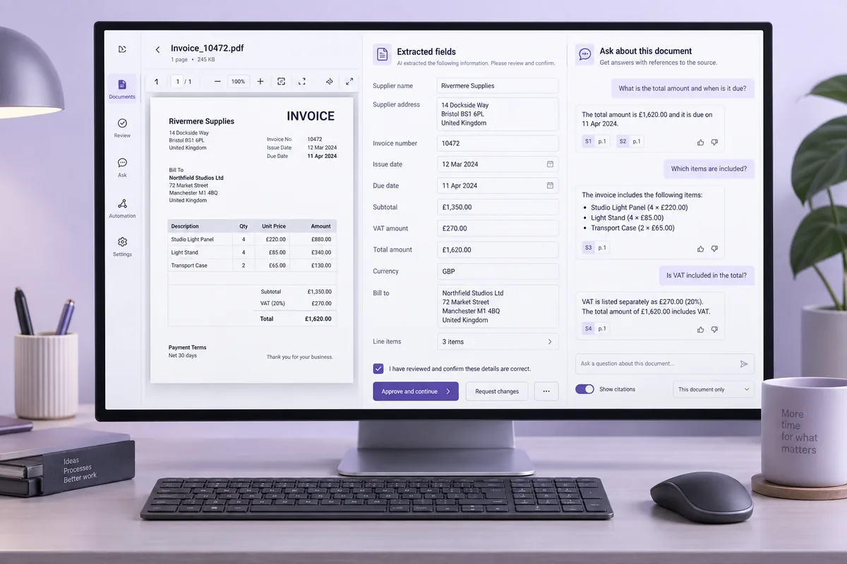 Illustrative concept: AI document assistant with extracted fields, source citations and human review