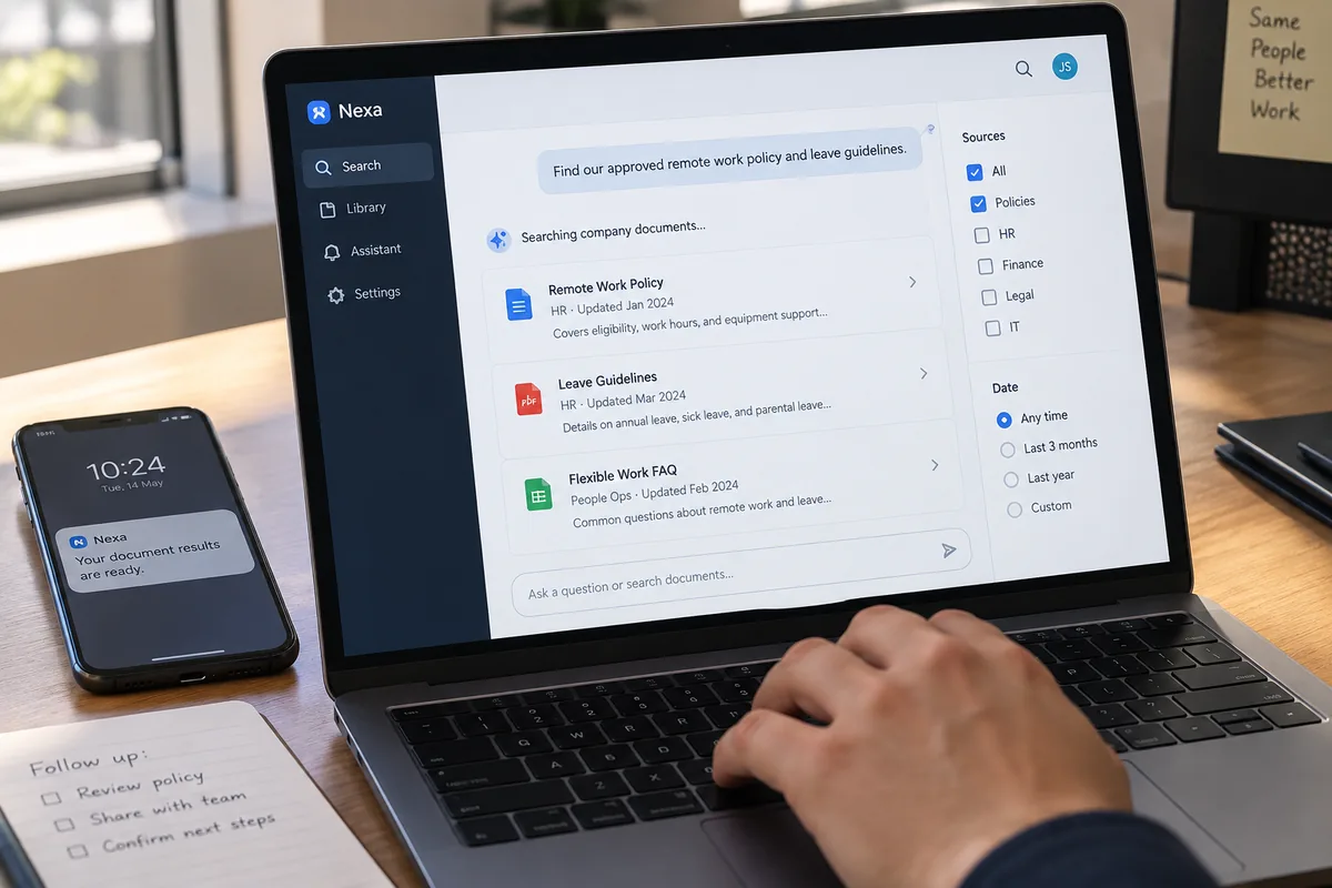 Illustrative concept: An internal assistant searching approved company documents