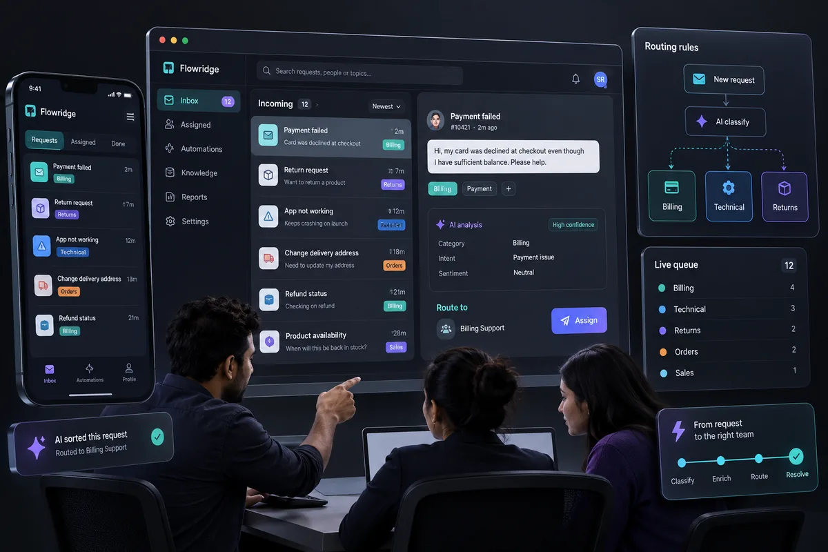 Illustrative concept: A team classifying and routing incoming requests