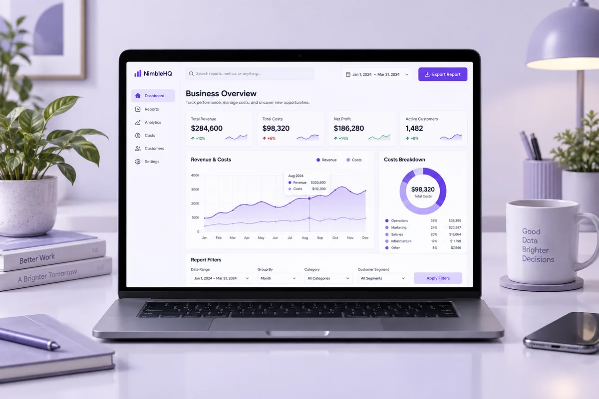 Illustrative concept: Business reporting dashboard with charts, filters and cost analysis