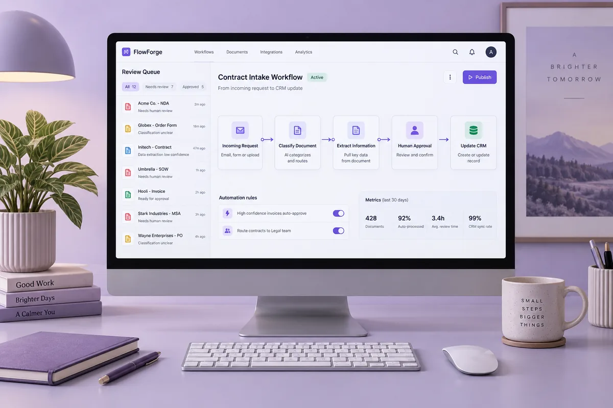 Illustrative concept: Automation builder connecting requests, extraction, approval and CRM updates