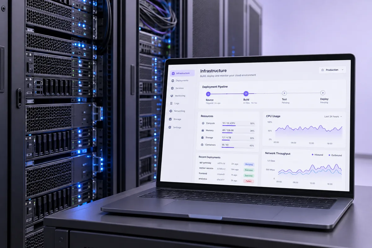 Illustrative concept: Server racks and a cloud deployment and monitoring console