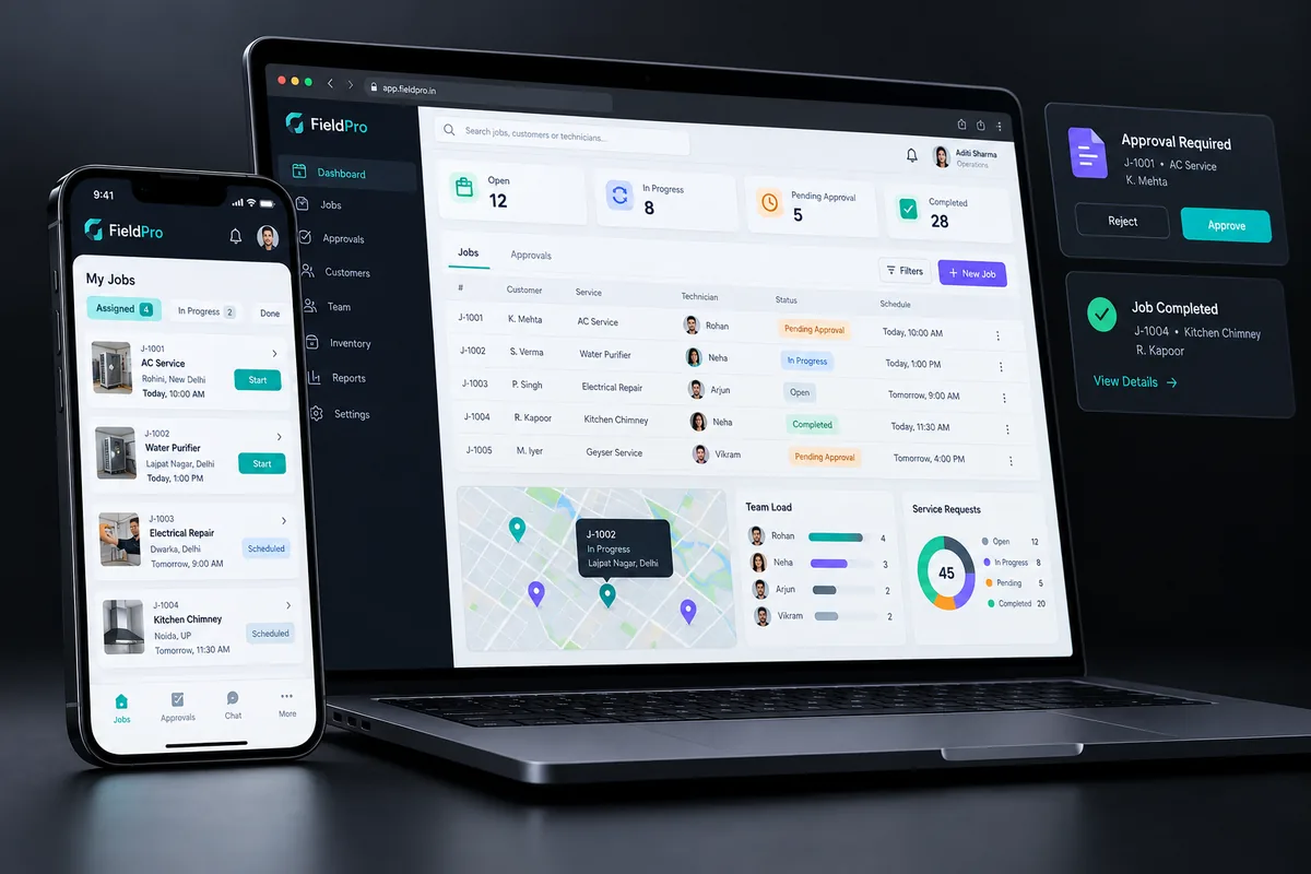 Illustrative concept: A service team managing jobs and approvals