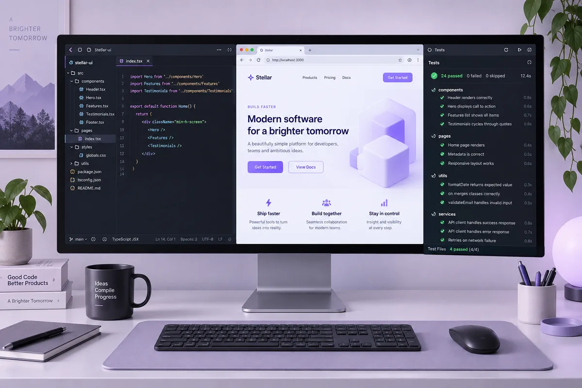 Illustrative concept: Code editor, responsive preview and automated software tests