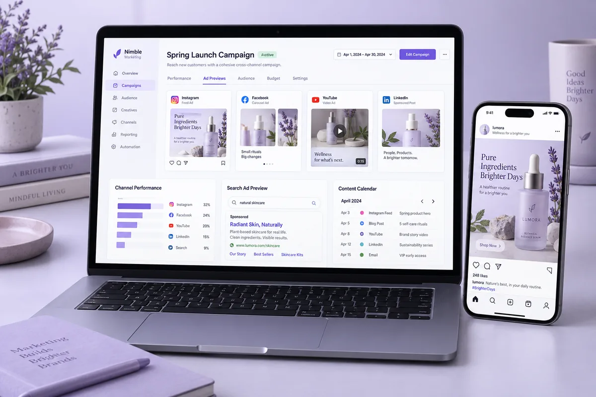 Illustrative concept: Digital campaign manager with social ad previews and channel reporting