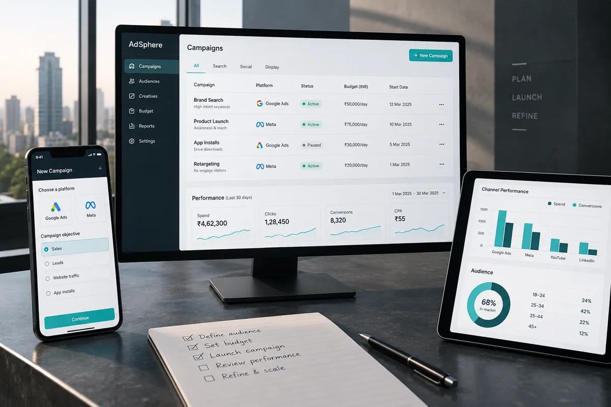 Illustrative paid search & social concept for digital marketing