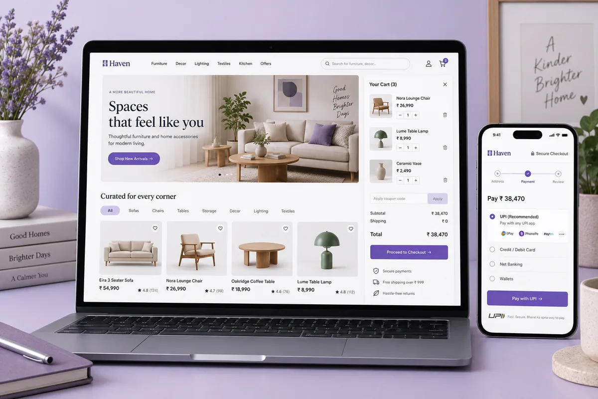 Illustrative concept: Online shop with a product catalogue, shopping cart and mobile checkout