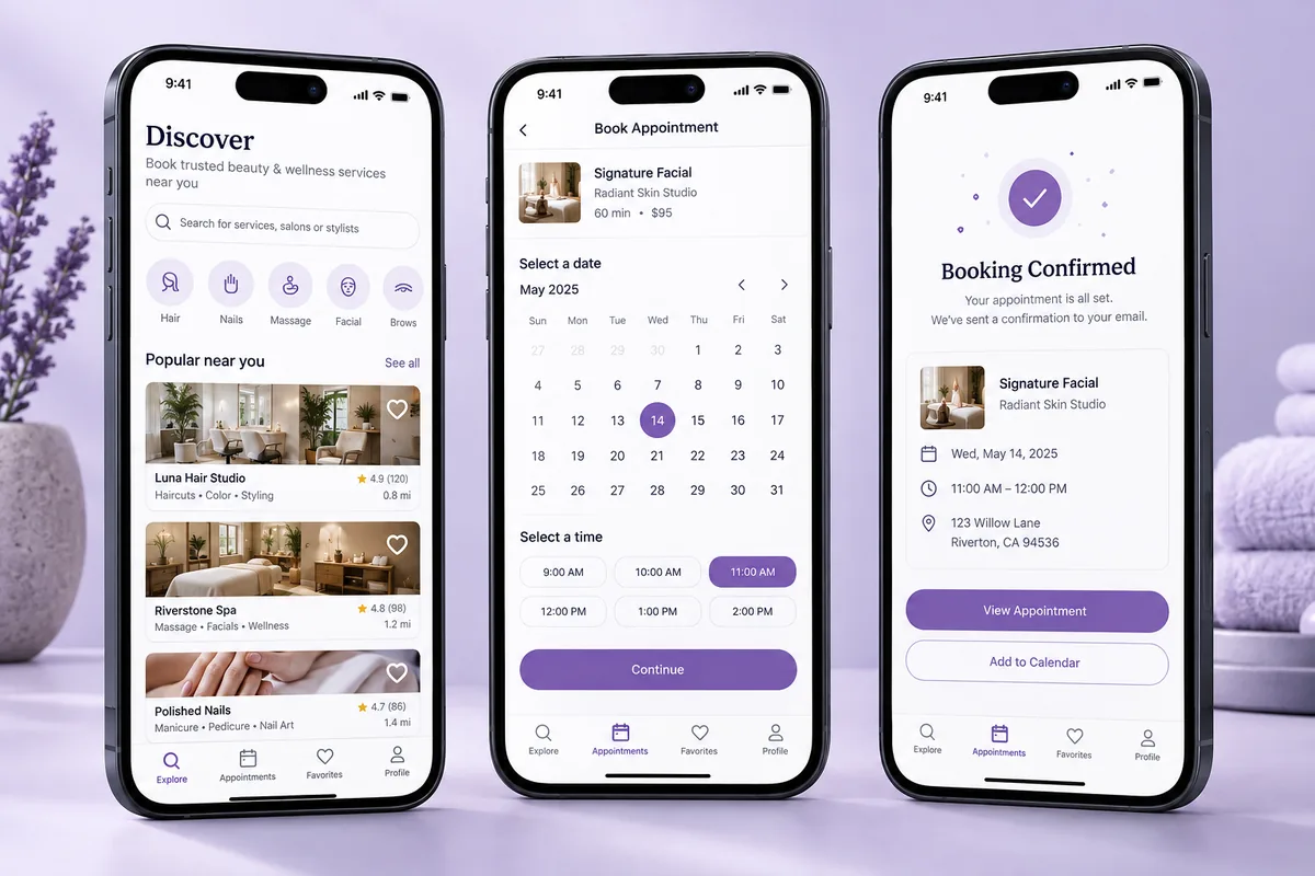 Illustrative concept: Mobile booking app with discovery, calendar and confirmation screens
