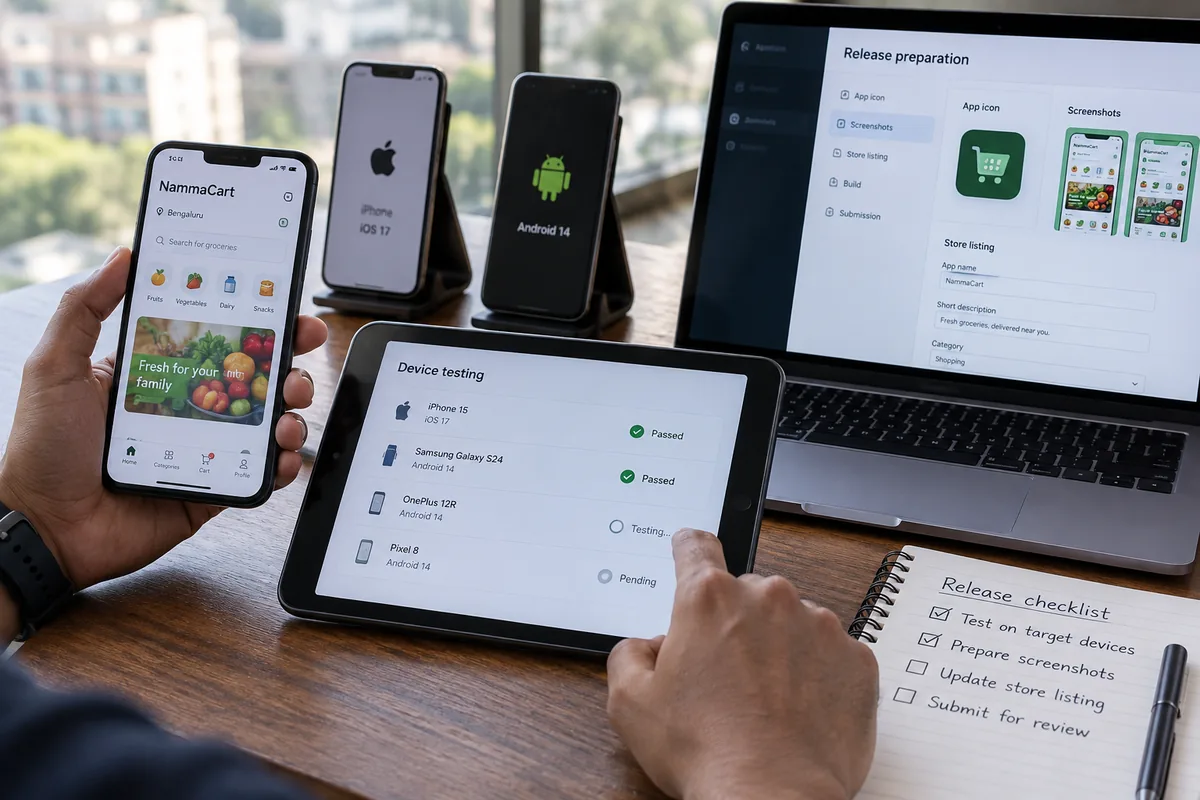 Illustrative testing & release support concept for mobile app development