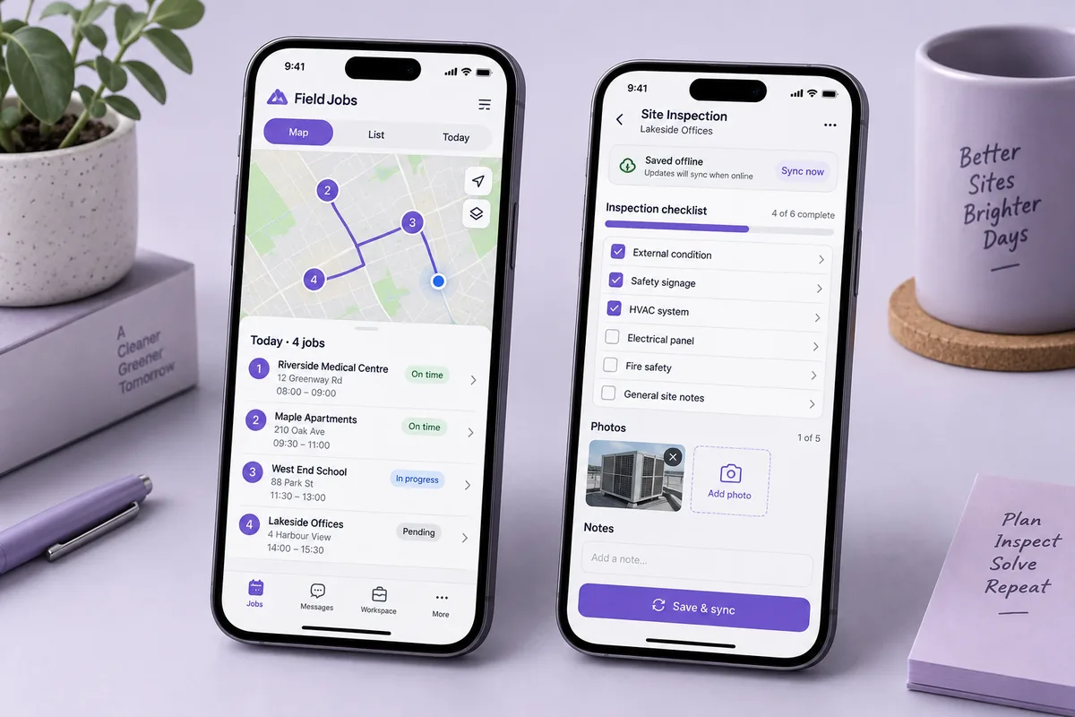 Illustrative concept: Field service mobile app with job routes, inspection checklist and offline sync