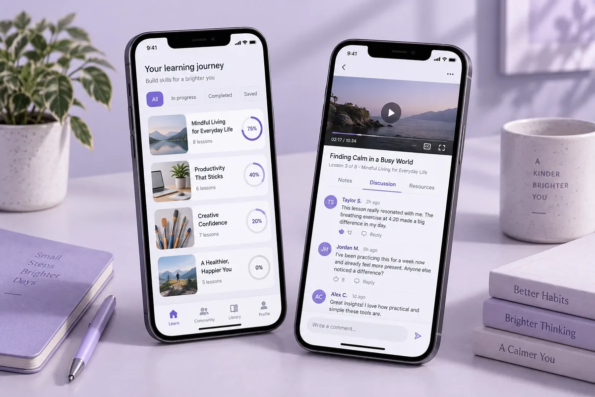 Illustrative concept: Learning app with course lessons, progress and community discussions