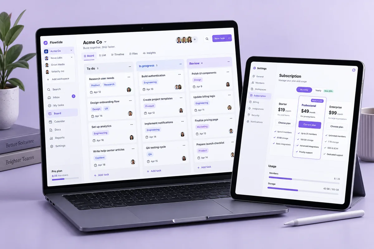 Illustrative concept: SaaS workspace with team tasks and subscription settings