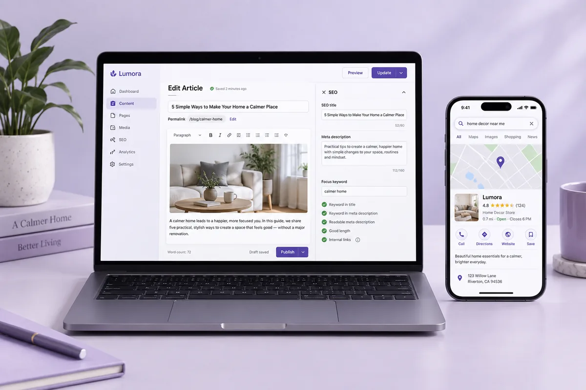 Illustrative concept: Website content editor with SEO settings and local search results