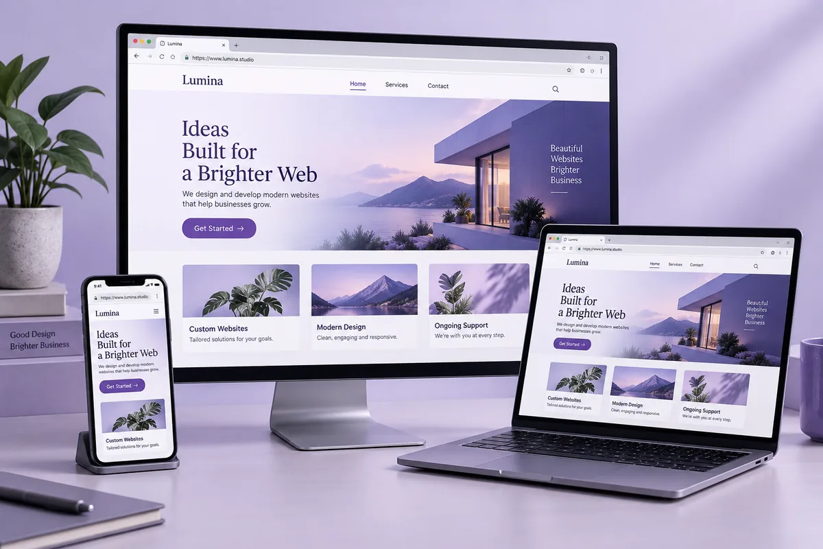 Illustrative concept: Responsive business website displayed on a desktop, laptop and phone
